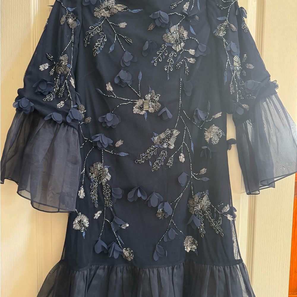 Marchesa Navy Floral Embroidered Dress